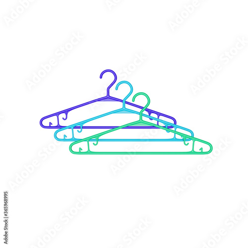 Three hangers, one after the other. Blue, turquoise, green. In the middle on a white background. 3D illustration.
