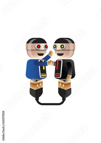 robots congratulating connected to usb cable