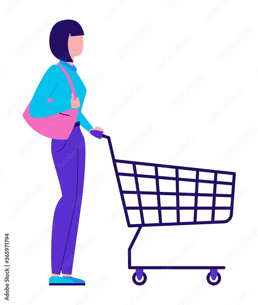 Woman stands with a customer cart. Shopping. Isolated on a white background. Flat design. Vector illustration. Woman stands with a customer cart. Shopping. Isolated on a white background. Flat design. Vector illustration.