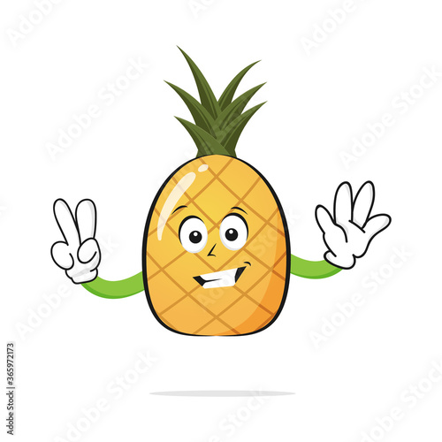 The Pineapple character smiles with two fingers up on the white background - vector
