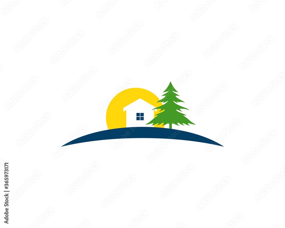 Simple house with pine tree and sun
