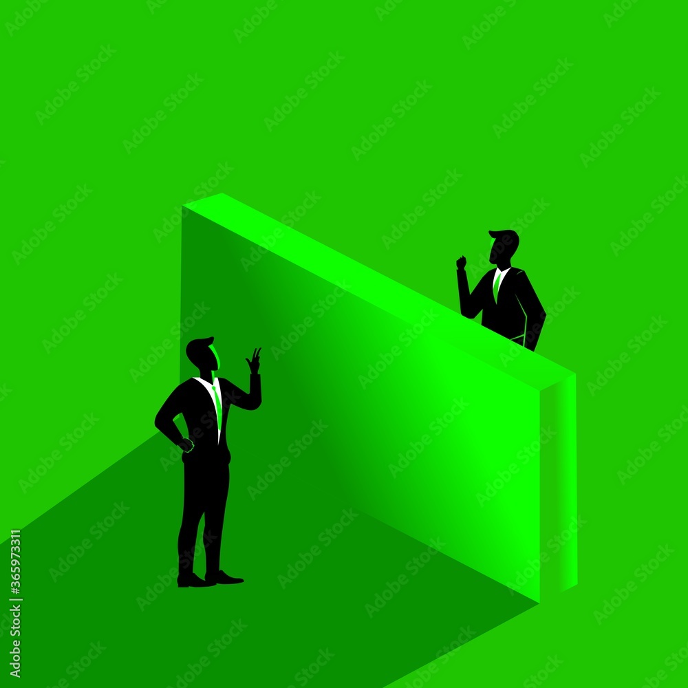 Business negotiation two businessman having conversation blocked by the wall