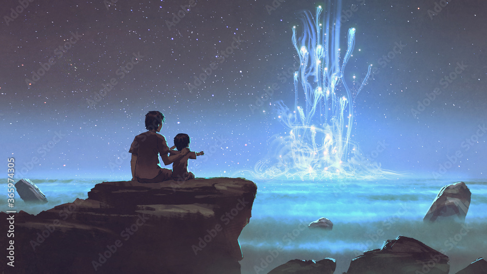 two brothers sitting on the cliff and looking at the mysterious glowing light - obrazy, fototapety, plakaty 