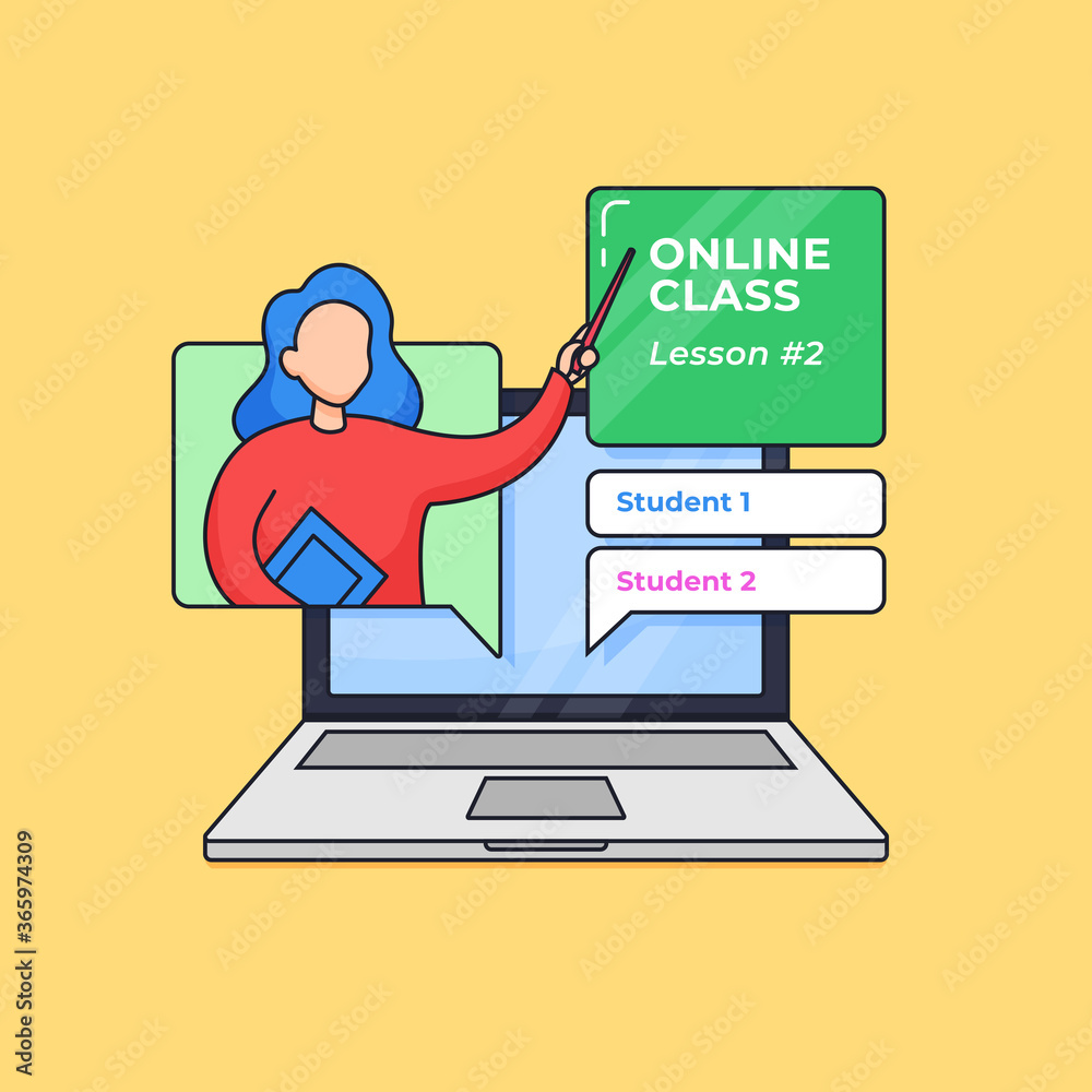 online teaching vector illustration. teacher presenting the lesson from laptop screen for modern school concept design. outline flat cartoon style