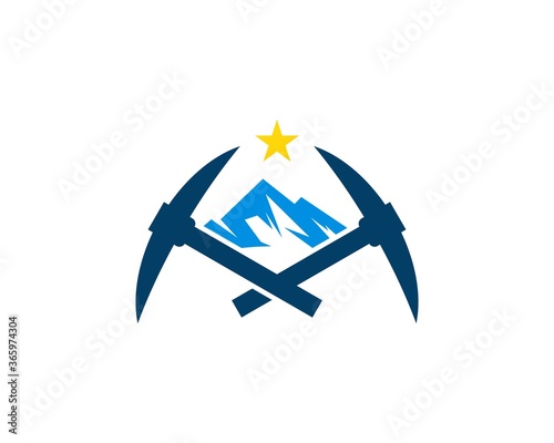 Mountain with cross mining ax and star