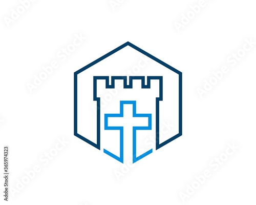 Hexagonal shape with fortress and cross inside