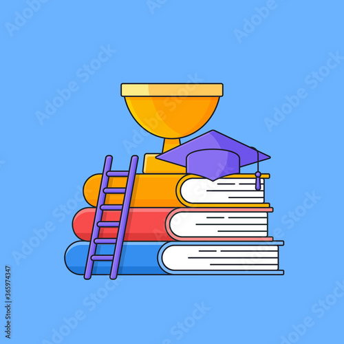Book stack with ladder and toga hat and gold shiny trophy on top for success graduated educational stage on collage vector illustration. simple outline cartoon style design