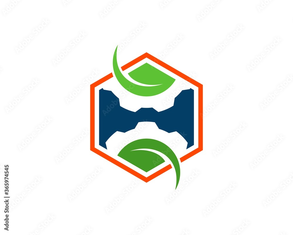 Hexagonal shape with gear and nature leaf Hexagonal shape with gear and nature leaf
