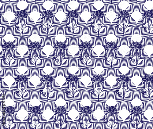 Modern hand drawn carnation flower with Japanese wave seamless pattern vector EPS10 ,Design for fashion,fabric,web,wallpaper,wrapping and all prints