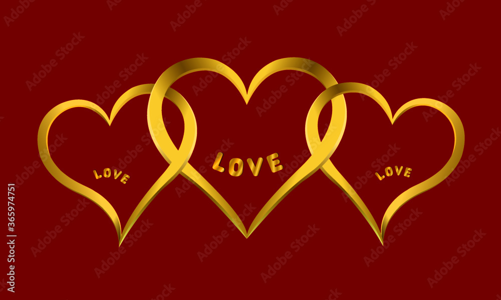 Three adjacent gold hearts. Creative love for logo design vector. Polyamory illustration. Three adjacent gold hearts. Creative love for logo design vector. Polyamory illustration.