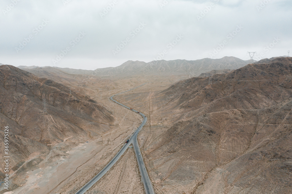 aerial view of road in desert
