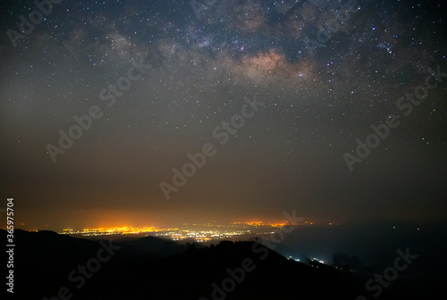 Landscape of the milky way galaxy over mountain with star light on the night sky. Milky way galaxy reflaction on the water in the river at Sisaket province, Thailand.