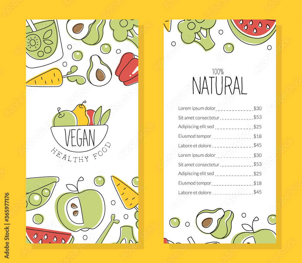 Vegan Healthy Food Menu Template, Natural Organic Dishes, Restaurant, Cafe Menu Design Element Vector Illustration