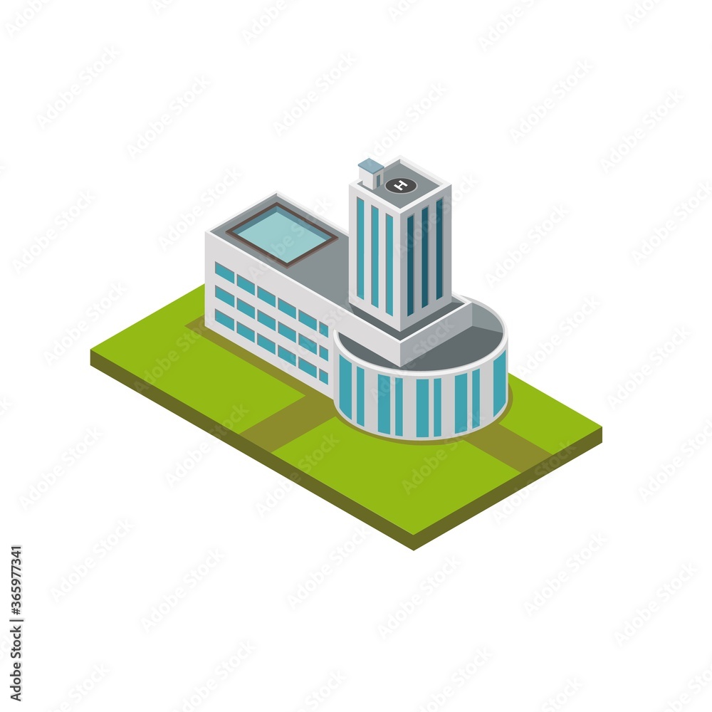 Hotel with Swimming Pool and Helicopter Pad on the Roof Top Isometric 3D Building Vector Hotel with Swimming Pool and Helicopter Pad on the Roof Top Isometric 3D Building Vector