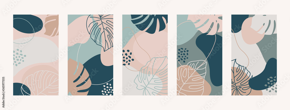 Fototapeta Set Backgrounds With Monstera Leaves and Shapes. Mobile Wallpapers for social media stories. Vector illustration