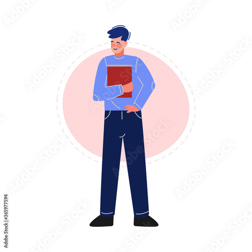 Guy Standing with a Book, Male College or University Student, Young Man Spending Spare Time by Reading Literature Vector Illustration