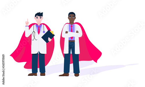 Two doctors with hero cape behind hospital medical employee fight against diseases and viruses on frontline flat style design vector illustration. Doctor physician medical clinic staff new hero.