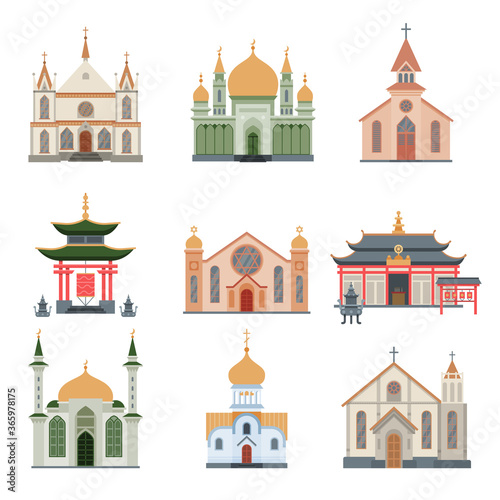 Religious Buildings Collection, Different Churches and Temples Facades, Ancient Architectural Constructions Vector Illustration