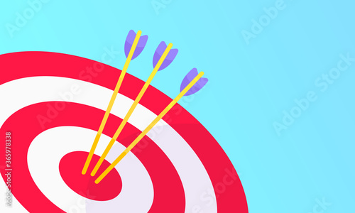 Goal achievemen business concept sport target icon and arrows in the bullseye. Teamwork results icon sign vector banner illustration isolated on light blue background flat style design. photo