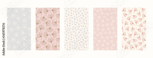 Set Backgrounds with floral Elements. Mobile Wallpapers in minimalist style for social media stories.