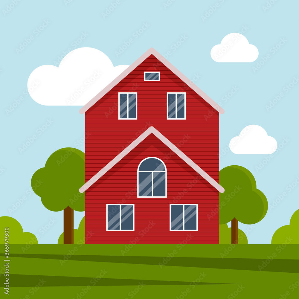 Country farm house on a green meadow, agricultural construction. Flat vector illustration on a background of blue sky with clouds