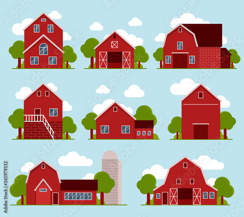 Vector set of eight cute farm houses. Agricultural buildings, grain storage. Countryside. Flat illustration on a light blue background with clouds and plants.