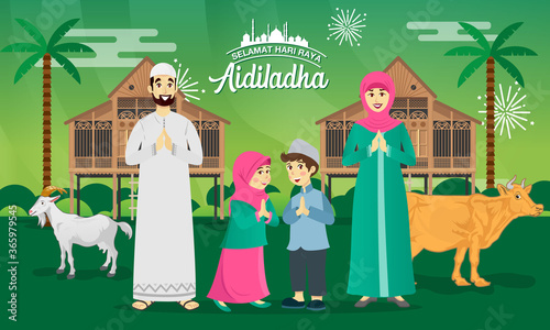 Eid al Adha greeting card. muslim family celebrating Eid al Adha with goat, cow, and traditional malay village house as background. selamat hari raya Aidiladha  translates to Eid al Adha mubarak