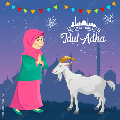 Eid al Adha greeting card. Cute cartoon muslim girl celebrating Eid al Adha with a goat for sacrifice with mosque as background. vectorillustration 