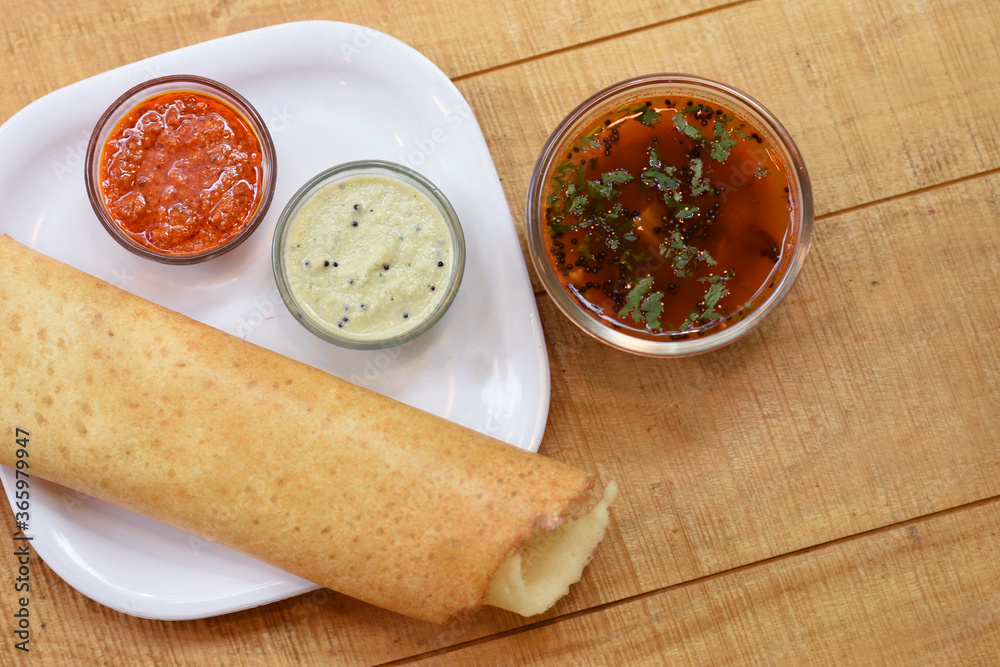 Masala dosa , South Indian meal served with sambhar and coconut chutney
