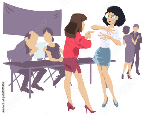Girls argue at conference. Political Canvasser. Funny people.