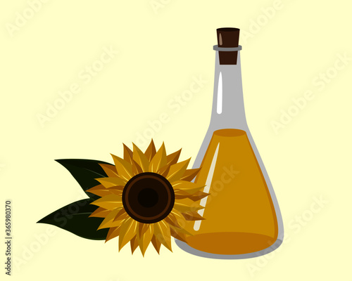 Fresh organic sunflower flower with bottle of sunflower vector illustration.