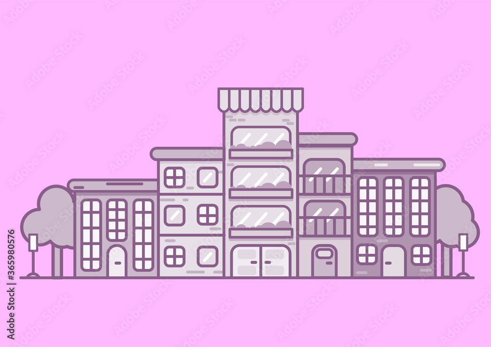 Line City landscape. Vector City, Town Illustration in Linear Style - buildings, skyscraper, factory, and trees.