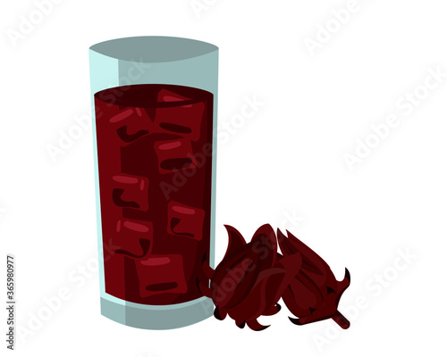 Fresh Roselle fruit (Jamaica sorrel, Rozelle, Sorelle or hibiscus sabdariffa ) and glass of hibiscus juice tea isolated on white background. Icon vector illustration.