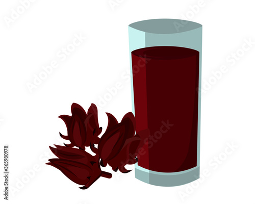 Glass of red hibiscus juice tea and fresh Roselle fruit (Jamaica sorrel, Rozelle, Sorelle or hibiscus sabdariffa ) isolated on white background. Icon vector illustration.