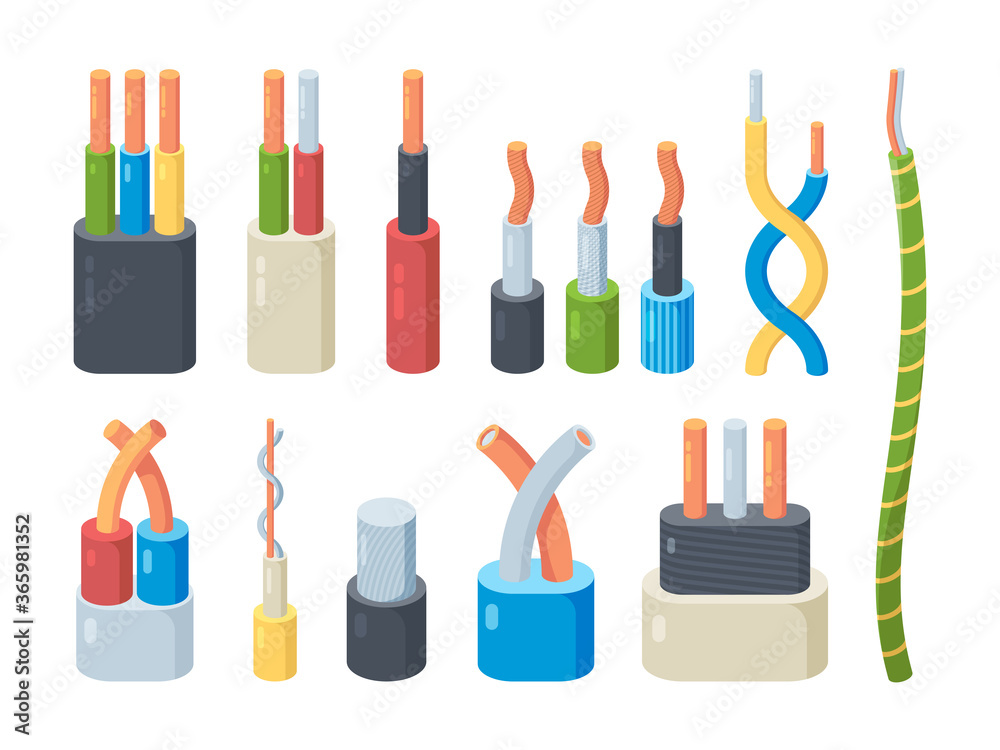 Electric cable color set. Copper and aluminum power connection voltage technology for industrial home equipment linear conductors of amperage professional braided fiber. Flat vector phase. Electric cable color set. Copper and aluminum power connection voltage technology for industrial home equipment linear conductors of amperage professional braided fiber. Flat vector phase.