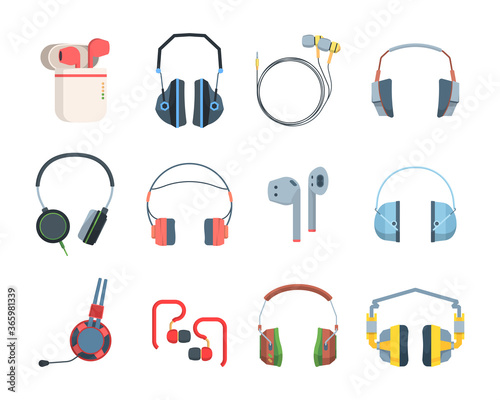 Headphones colored large set. Special gamers streaming stylish modern wireless headset listening audio files and musicportable mobile for smartphones excellent sound quality. Availability vector.