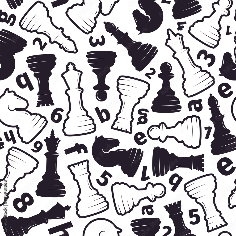 Chess seamless pattern. Stylish chess pieces in circle with Latin letters numbers white king and rook black queen and horse drawing an ancient strategic game logical battle design. Play vector.