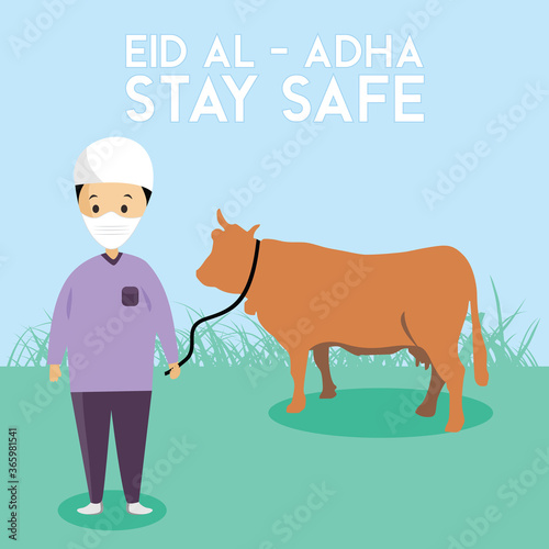 Eid Al- Adha Stay Safe, illustration graphic vector of Muslim with sacrificial animals - Cows