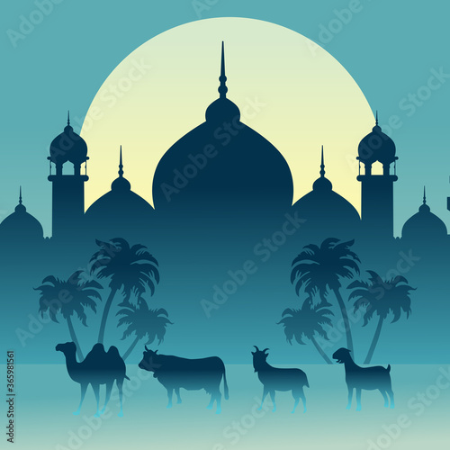 Eid Al adha Background with mosque and sacrificial animals vector