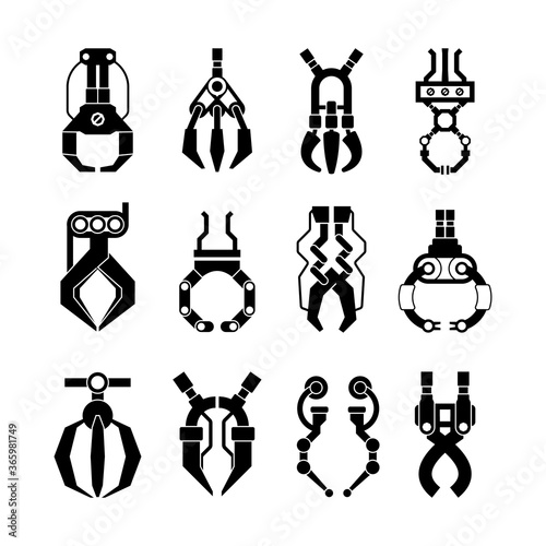 Robotic grips claws silhouette set. Arcade mechanical arm technological mechanisms transfer goods game hooks prizes industrial scale equipment precise work fun gambling entertainment. Vector flat.
