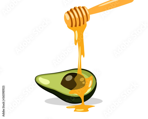 honey dripping from a honey dipper with avocado fruit.