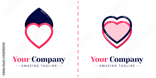Logos of two hearts that oppose each other and overlap with lines and transparency. Templates can be used for corporate, apps, business, events, poster, brochure, invitation, valentine website, banner