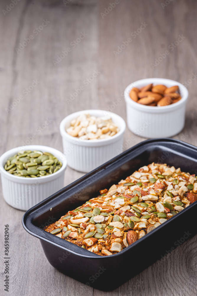 Healthy gluten free banana bread with seeds and nuts
