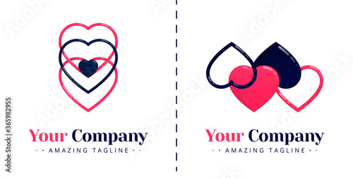Love logo with 4 hearts connected and love logo with 3 hearts stacked with a small heart in the middle. Templates can be used for corporate, apps, events, poster, brochure, invitation, card, banner