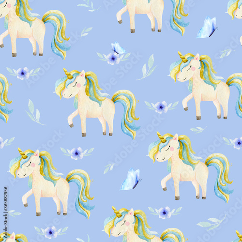 Cute watercolor seamless pattern with unicorn. Nursery unicorns illustration.