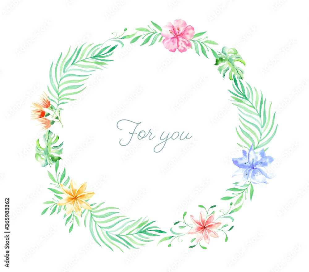 Watercolor wreath with tropical flowers, leaves. Hawaiian exotic illustrations for greeting card, wedding, wallpaper