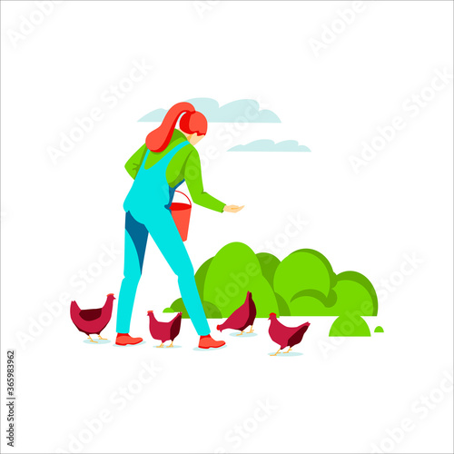Woman farmer feeding chickens with grain. Poultry breeding. Agricultural worker taking care of birds on farm. Eco farming, rural hennery and agriculture concept flat vector illustration