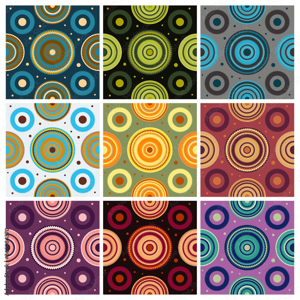 Abstract geometrical mexican circle seamless pattern with mirroring and size combinations. Modern ethnic, minimalist, suitable for wallpapers, fabric pattern, banners, backgrounds, cards, etc.