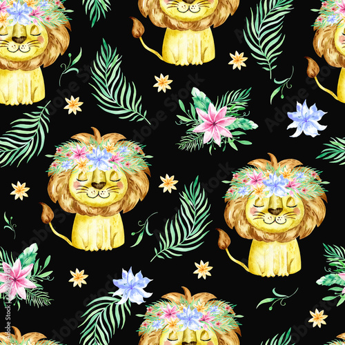 seamless tropical pattern with a lion. Watercolor cartoon lion savanna animal illustration. Jungle savannah tropical exotic summer print.
