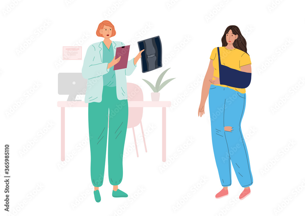 A woman with a sore hand at the doctor appointment. The doctor looking at her X-ray. A woman with a sore hand at the doctor appointment. The doctor looking at her X-ray.